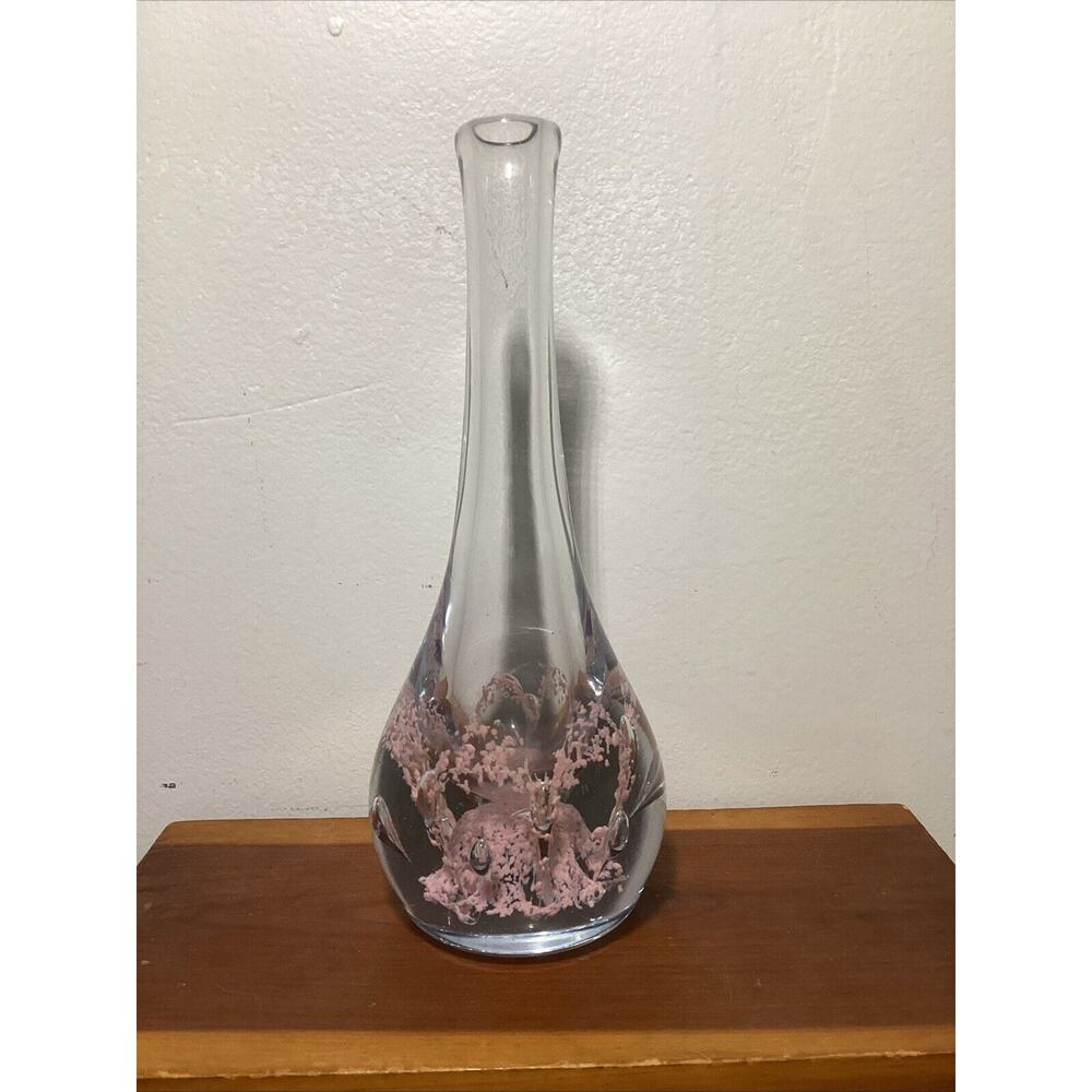 Vintage Art Glass Controlled Bubble Pink Paperweight Bud Vase Unsigned 8” Tall